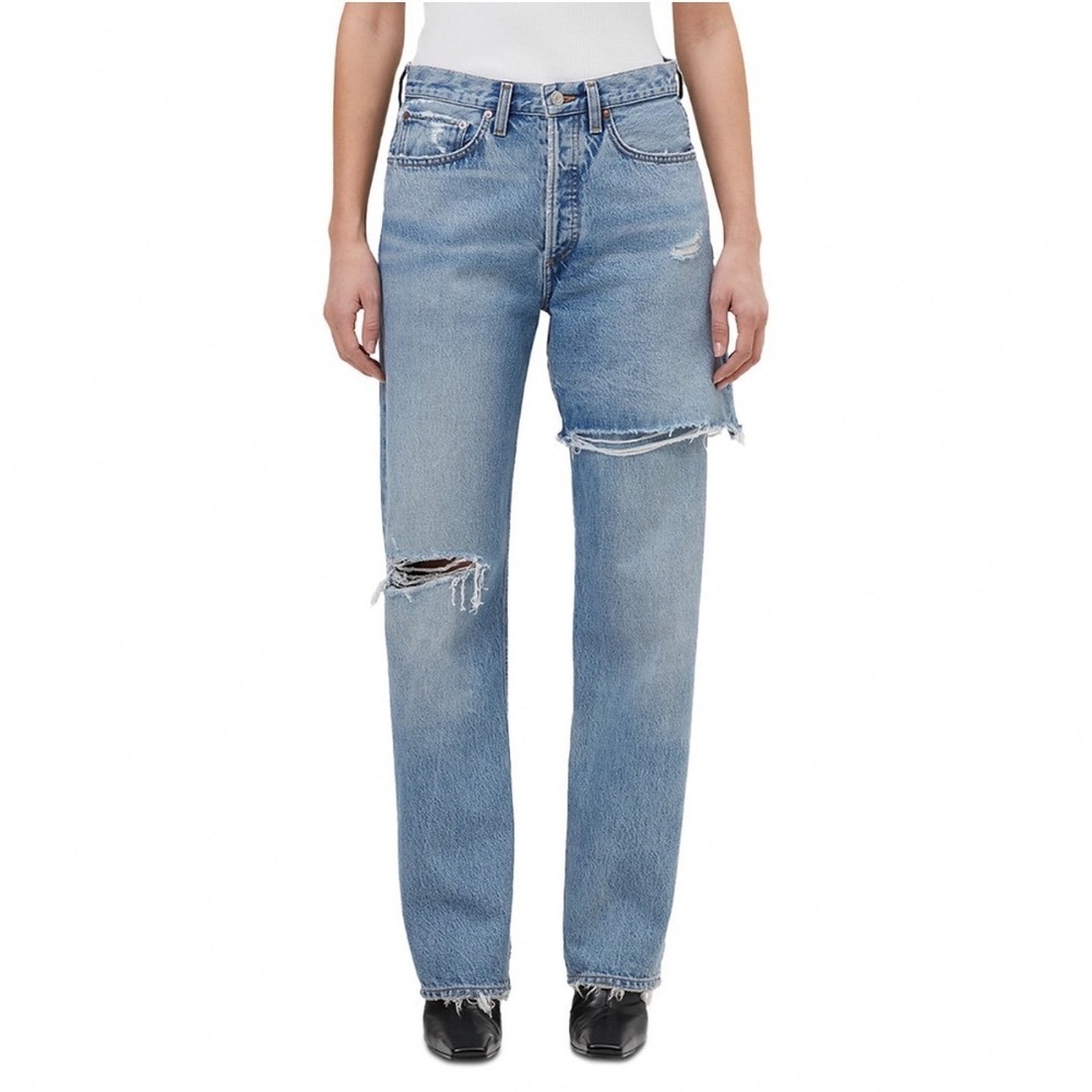 AGOLDE Double Layer Straight Leg Jeans Medium Indigo Distressed High Rise 26 NEW